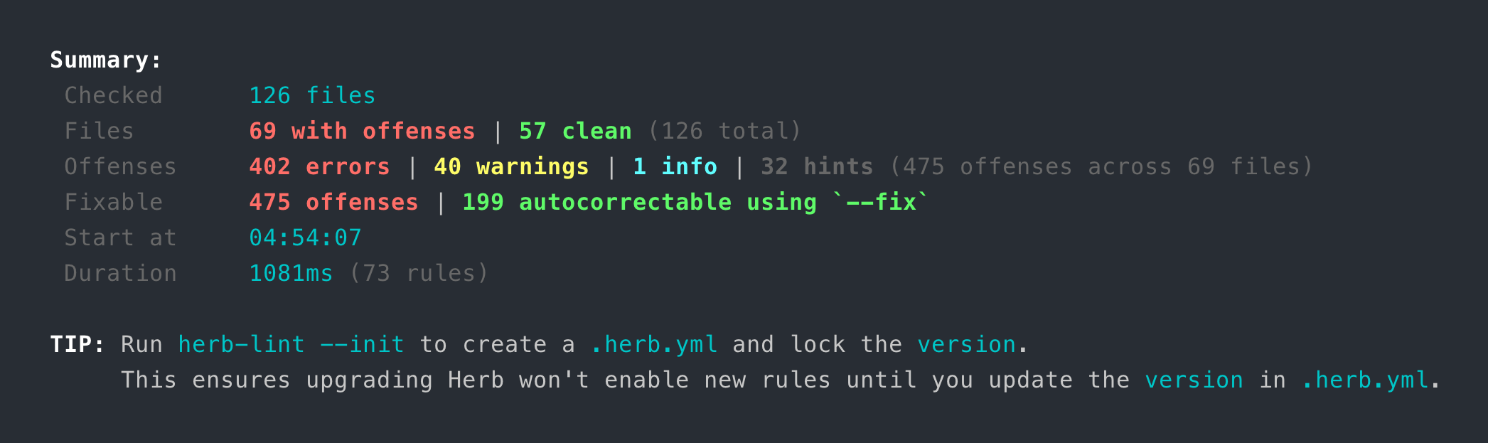 Linter output with no config file, running every rule